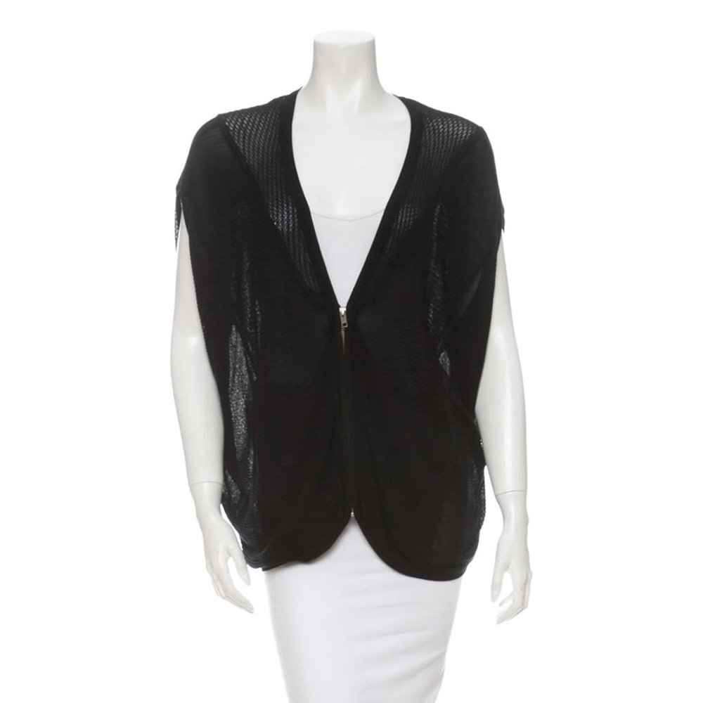 Helmut Lang Black V-Neck Sheer Sleeveless Oversize Zip-Up Knit Sweater - Size M